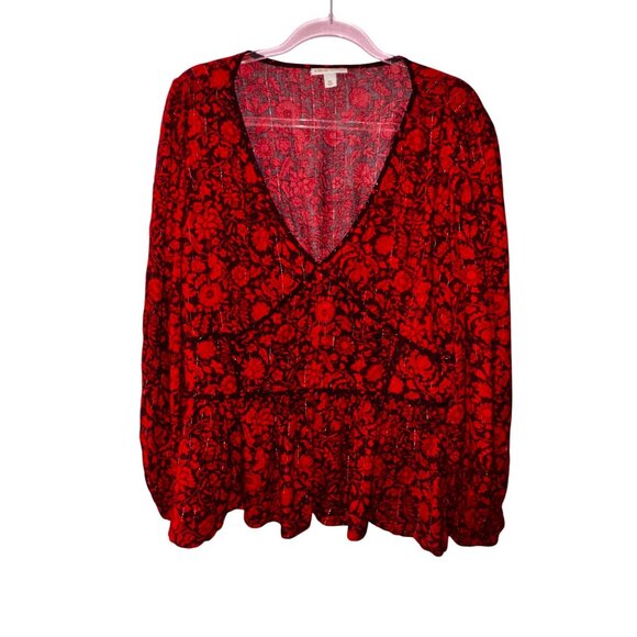 Floral Print Boho Blouse Plus Size XXL Red Black Western Boho Sexy Peplum Top - Picture 1 of 8